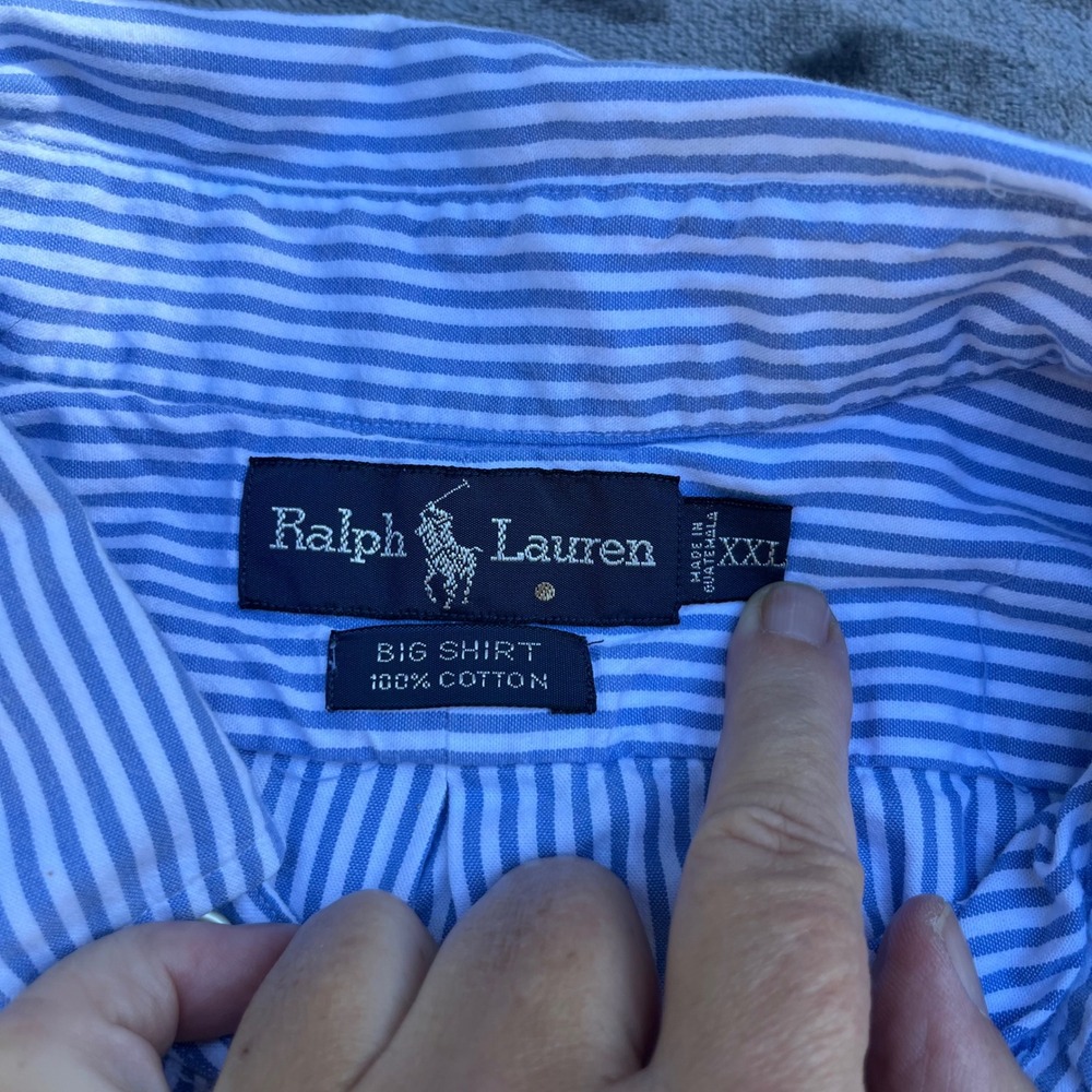 Ralph Lauren Big Shirt Mens XXL Blue White Striped Short Sleeve Button Down Pony